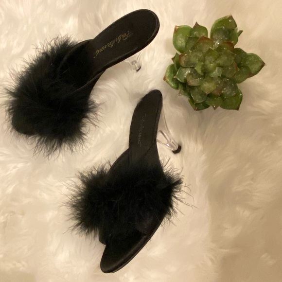 Fabulous Black Marabou Heels Slides Clear Heels Slippers 6 - Picture 3 of 9